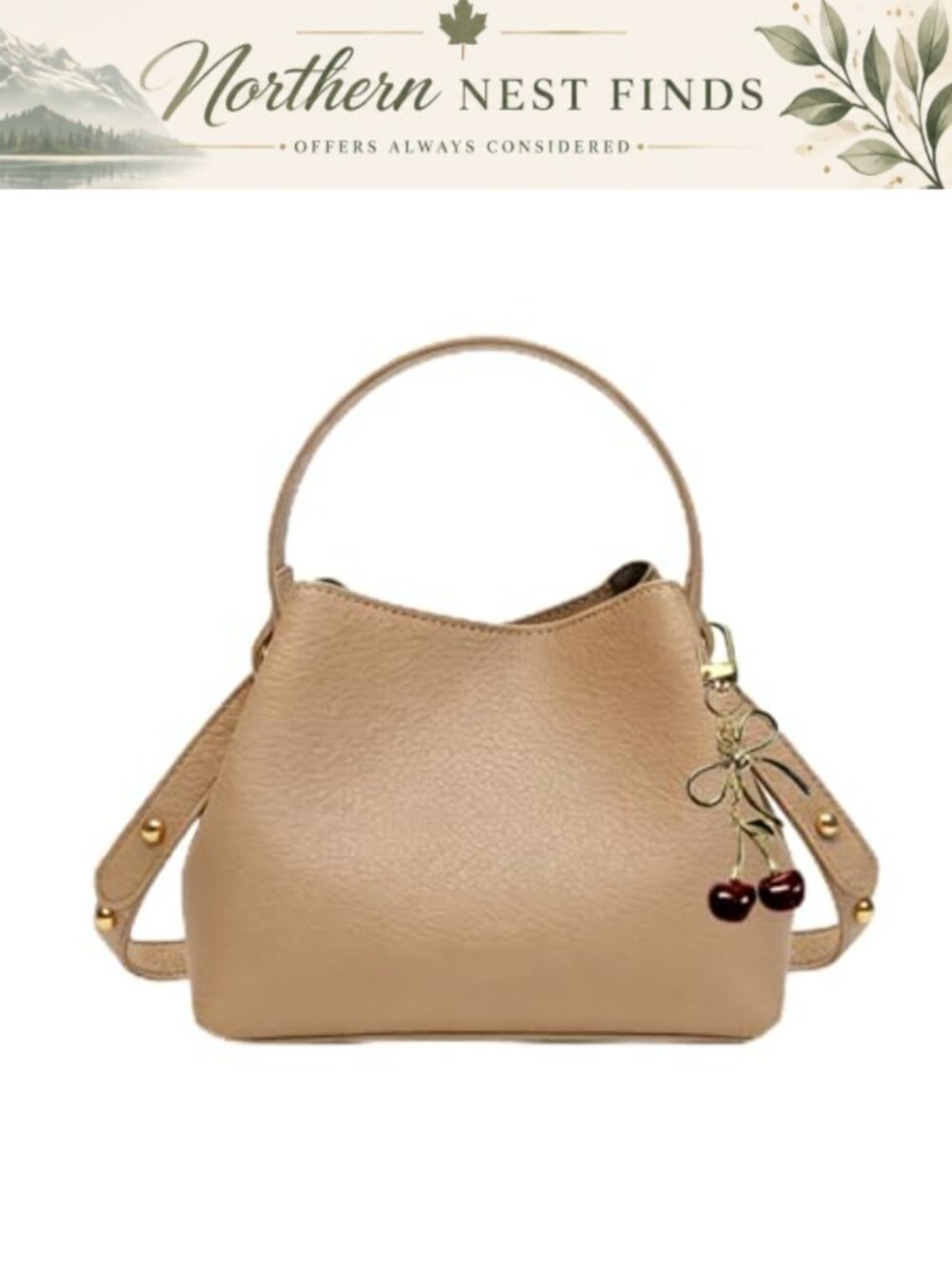 Faux Leather Cloud Bucket Bag with Cherry Charm Small Shoulder Purse